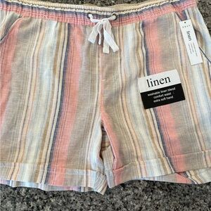 Linen Blend High Waist Women's Shorts - Pink and Blue Stripes